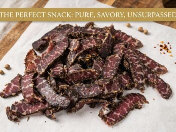 Premium beef biltong slices on parchment paper with spices, artisanal jerky snack presentation.