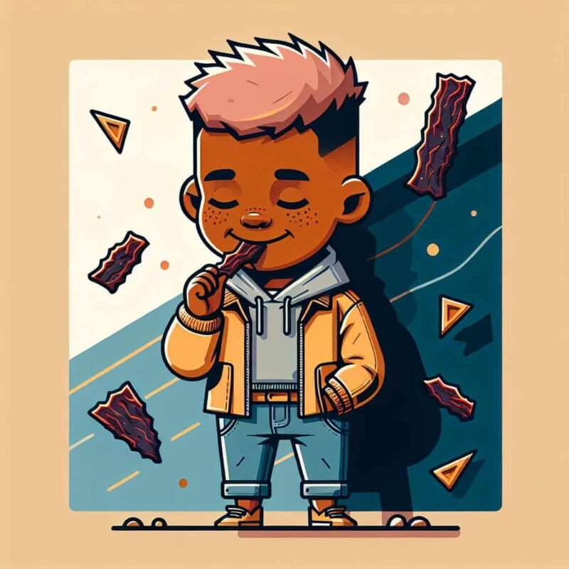 a cartoon image of a kid eating a healthy meat snack