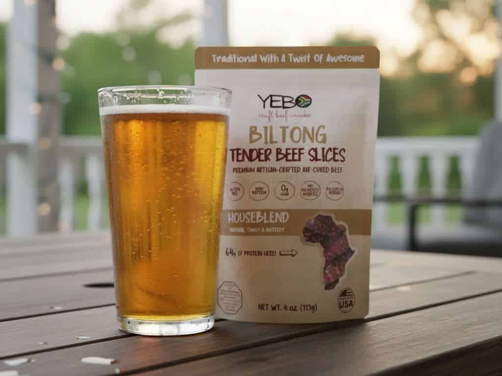 An image of craft beer and biltong on a wooden table
