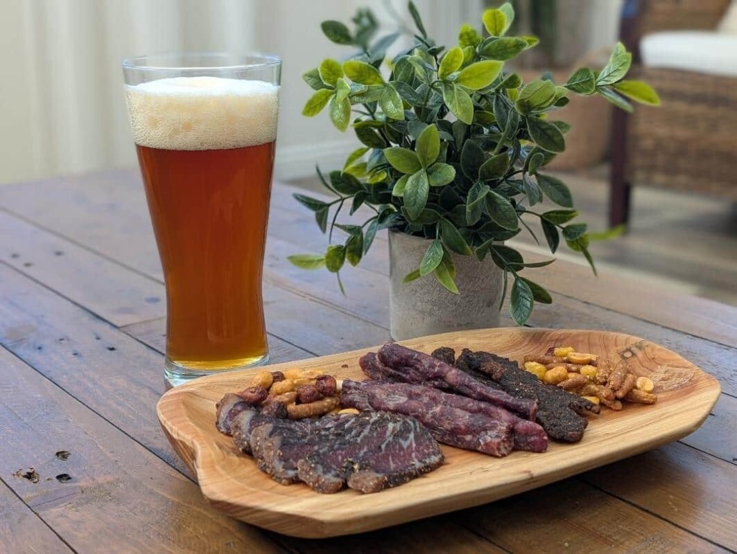 Beer with biltong and droëwors with some other snacks