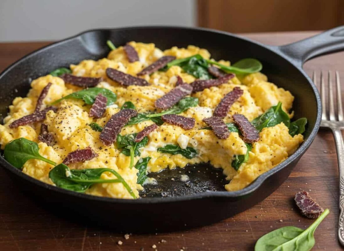 Scrambled eggs with spinach and biltong