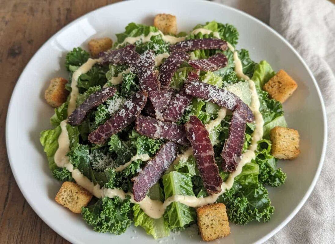 Salad topped with biltong and croutons