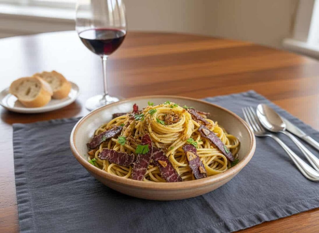 Pasta with biltong, wine, and bread