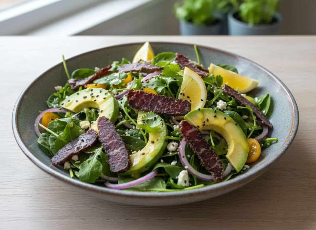 Fresh salad with biltong and avocado