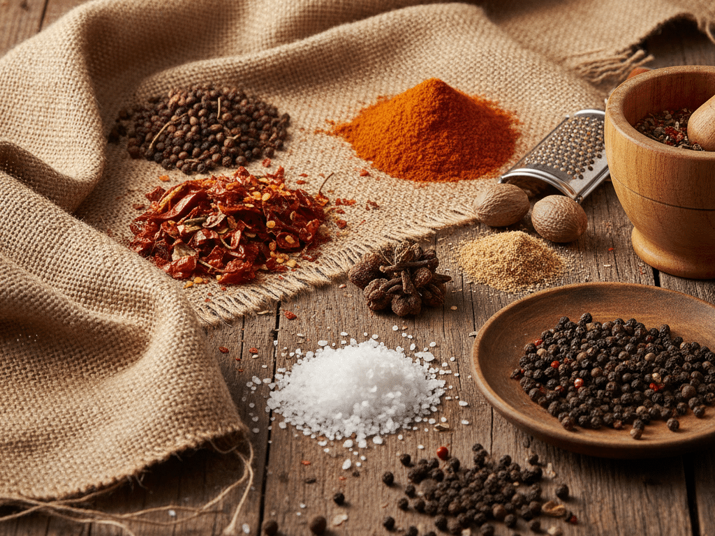 Variety of craft biltong spices on burlap fabric