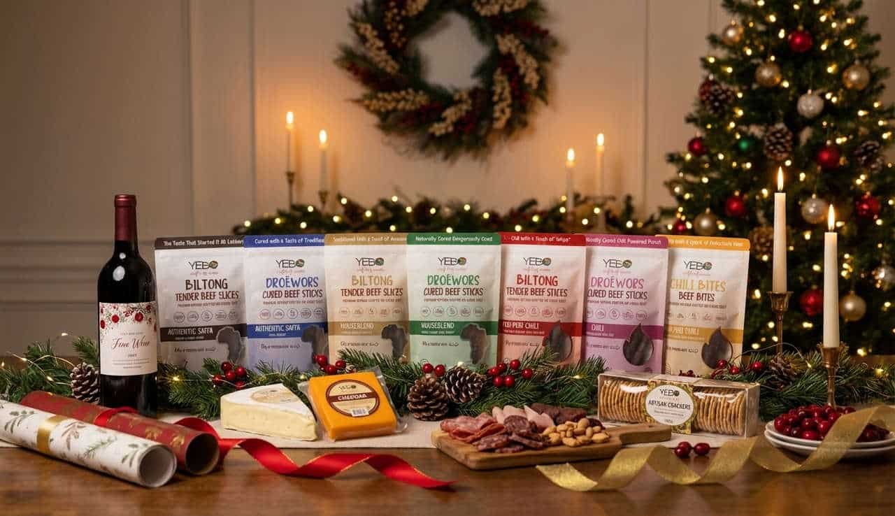 Yebo Biltong as a gift, with Cheese and wine on a festive decorated table.