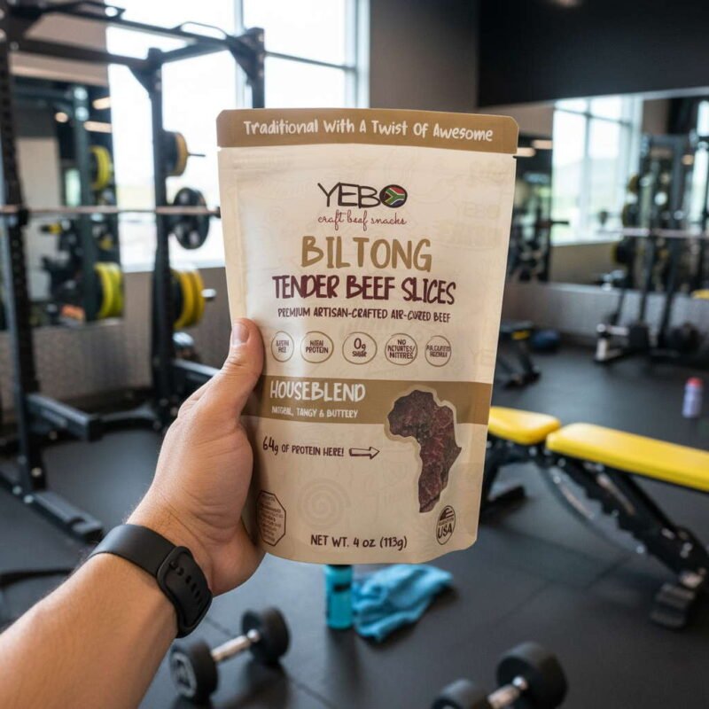 Hand holding high protein snacks, like biltong