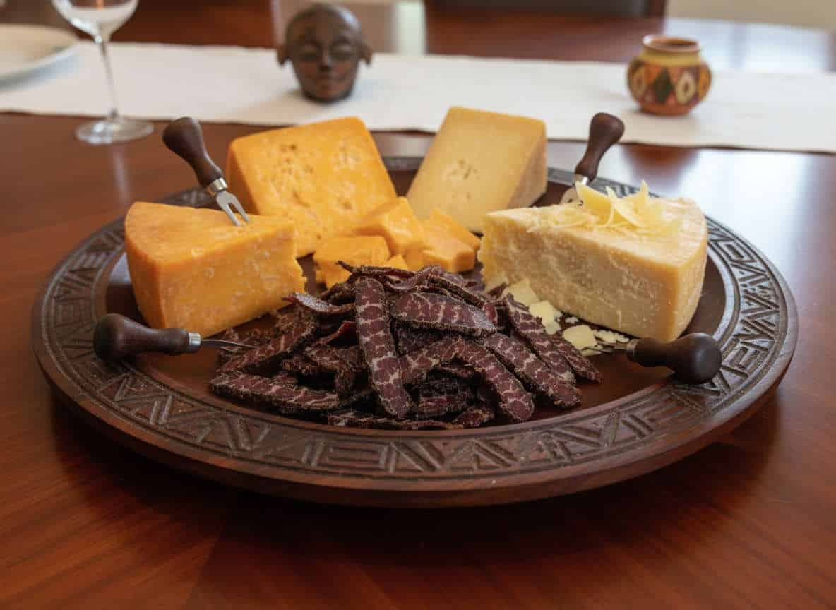 Pairing biltong with assorted hard cheeses on a platter.