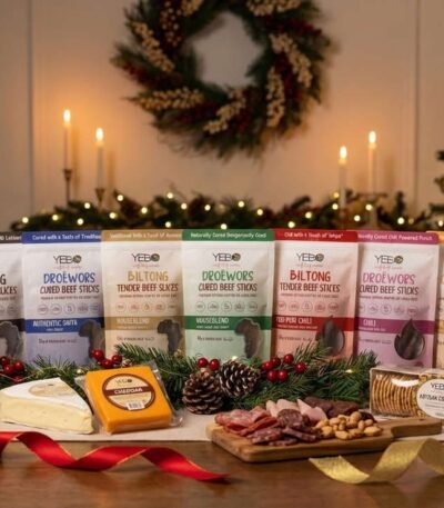 Biltong for Christmas, with a festive table with biltong and wine