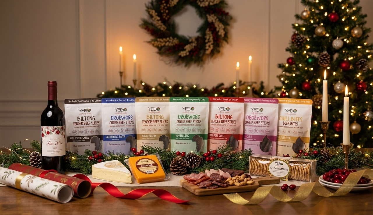 Biltong for Christmas, with a festive table with biltong and wine
