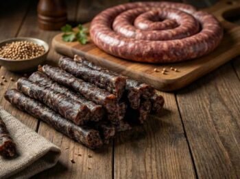 Boerewors and droewors presented on a wooden table