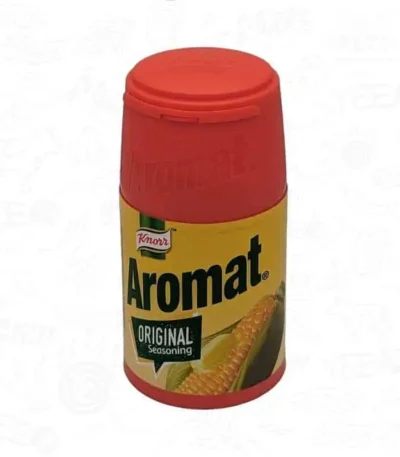 a red Aromat container with a yellow label