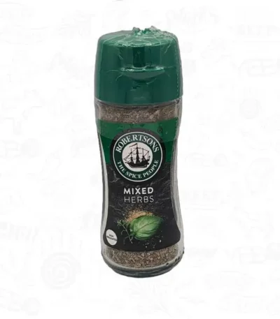 a bottle of Robertsons Mixed Herbs spices with a green lid