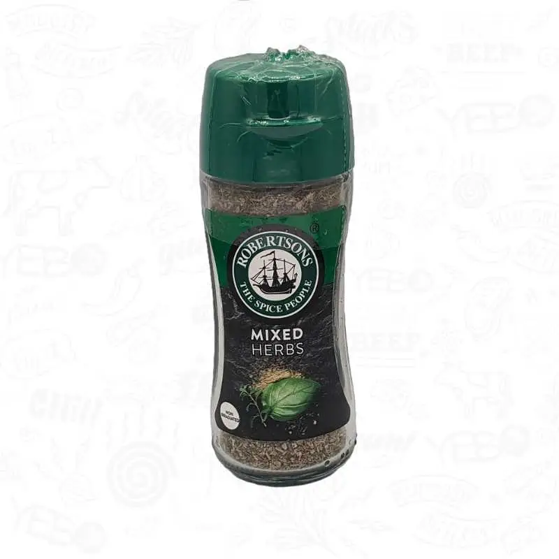a bottle of Robertsons Mixed Herbs spices with a green lid