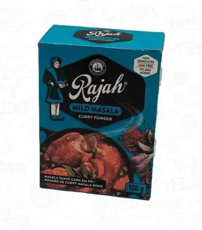 a blue box of Rajah Masala Curry spice