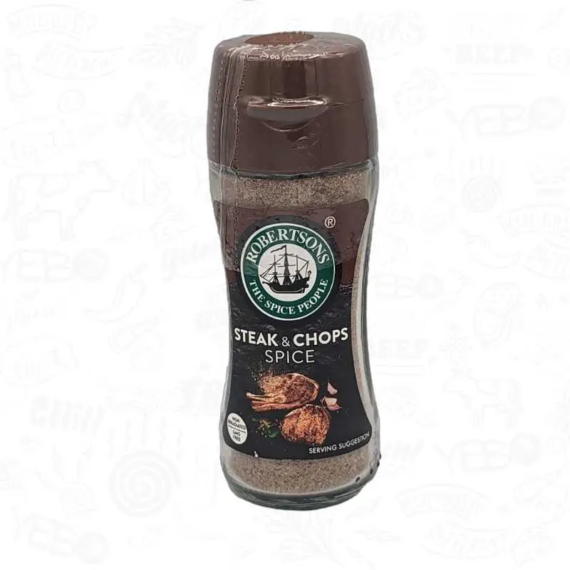 a bottle of Robertsons Steak and Chops spice with a label