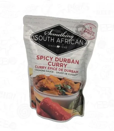 a close up of a bag of Spicy Durban Curry Sauce