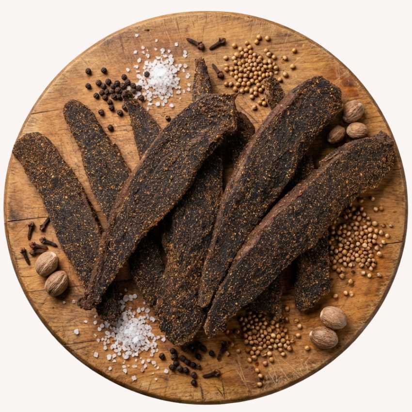 Biltong slabs-round platter-background