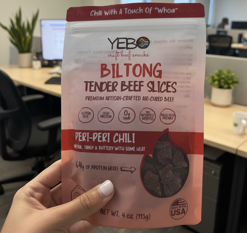 Biltong Protein Snacks in a red pouch.