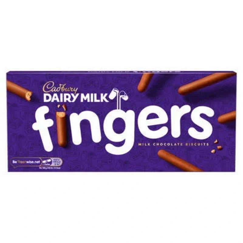 Cadbury Dairy Milk Fingers Cadbury Dairy Milk Fingers box with chocolate-covered biscuits on purple packaging.