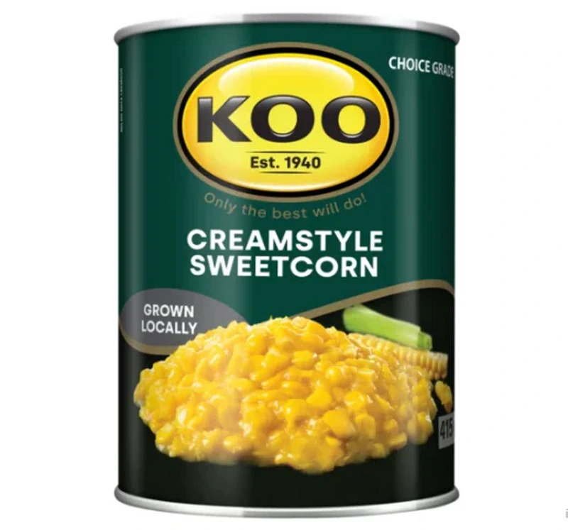 KOO Creamstyle Sweetcorn can with creamy yellow corn and green label packaging.
