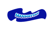 Modern blue Manhattan logo with bold typography and abstract brushstroke background design.