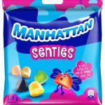 Colorful Manhattan Scenties candy bag with butterfly mascot and assorted chewy sweets.