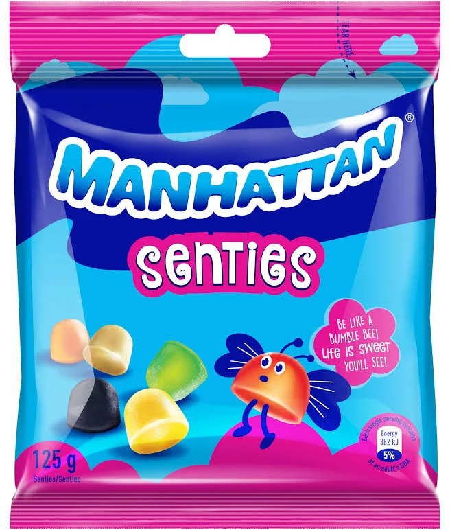 Manhattan-Scenties Scented Gums-125g Colorful Manhattan Scenties candy bag with butterfly mascot and assorted chewy sweets.