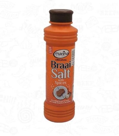 a bottle of Marina Braai salt with a label and brown lid.