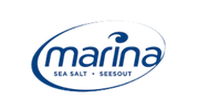 Marina sea salt logo with blue ocean design and water droplet symbol.