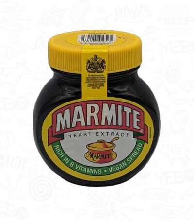 A black jar of marmite spread vegetable extract with a yellow lid