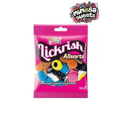 Mister Sweet Lickrish All Sorts-150g Colorful Lickrish Allsorts candy bag with assorted licorice sweets, 150g package.