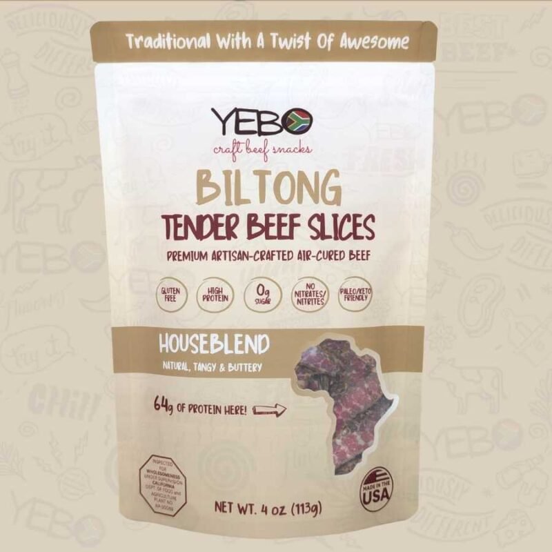YEBO Natural Biltong HouseBlend snack packaging with tender air-cured beef slices.