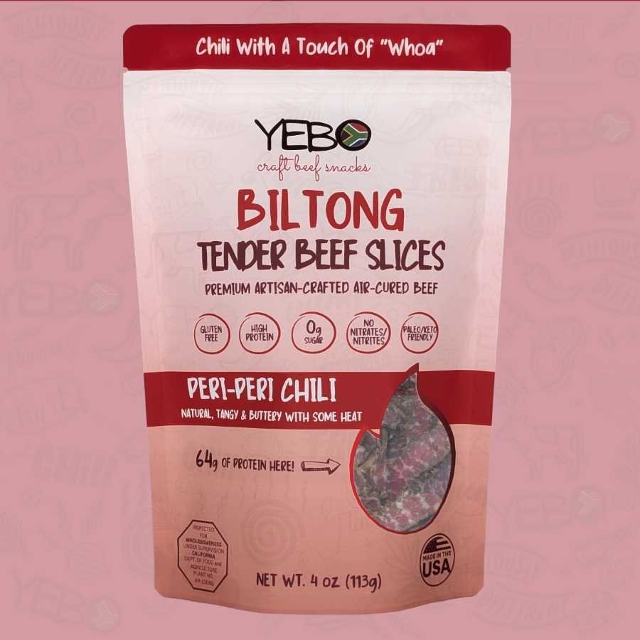 Natural Chili Biltong-8oz Premium Peri-Peri chili biltong beef slices by Yebo packaging with high-protein artisan air-cured meat design.