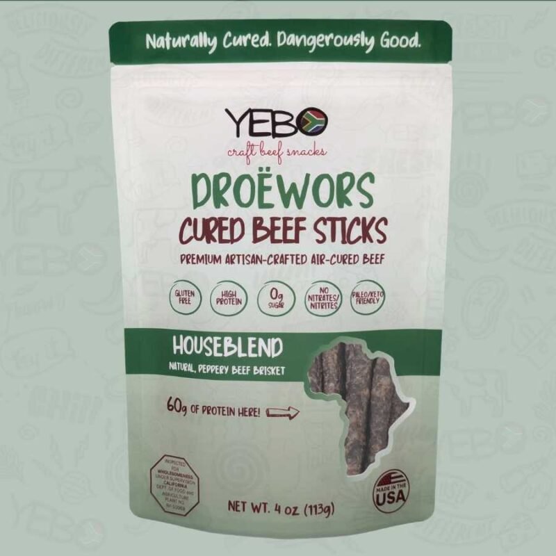 YEBO Natural Droëwors cured beef sticks package with natural, high-protein, South African-style meat snack design.