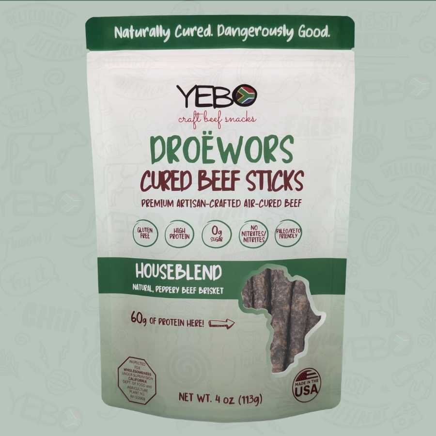 Natural Droëwors-4oz YEBO Natural Droëwors cured beef sticks package with natural, high-protein, South African-style meat snack design.