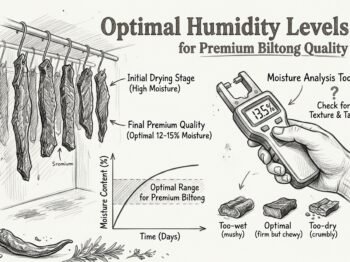 Biltong drying process infographic showing optimal humidity and moisture levels for premium quality meat.
