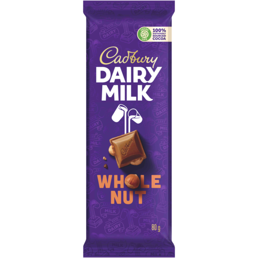 Cadbury Whole Nut Slab 80g milk chocolate with whole roasted almonds packaging