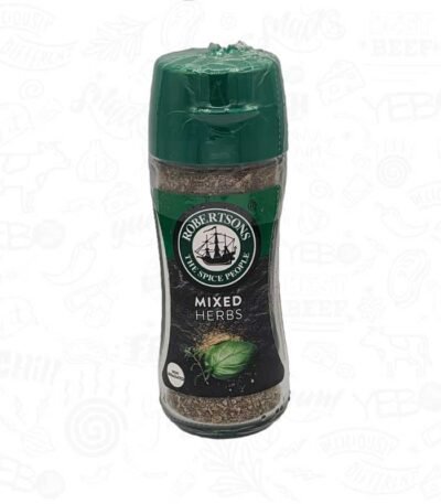 a bottle of Robertsons Mixed Herbs spices with a green lid