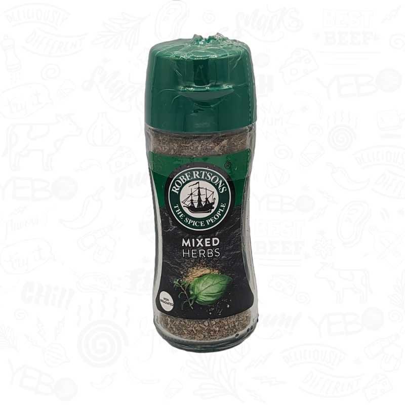 a bottle of Robertsons Mixed Herbs spices with a green lid