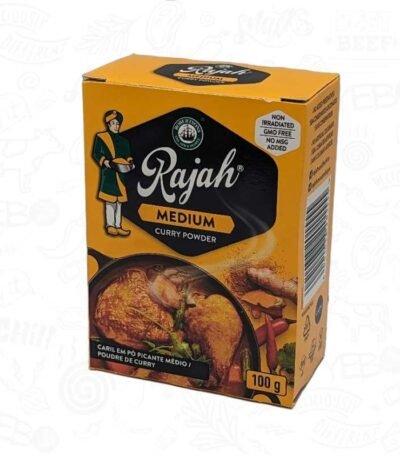 a yellow box of Rajah medium curry powder