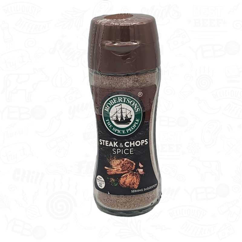 a bottle of Robertsons Steak and Chops spice with a label
