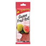 Safari Guava Fruit Roll snack packaging showing 100% fruity, high-fiber guava roll.