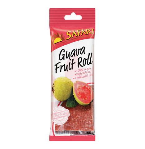 Safari Guava Rolls-80g Safari Guava Fruit Roll snack packaging showing 100% fruity, high-fiber guava roll.