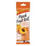 Safari Peach Fruit Roll snack packaging with fresh peach image and vegan, high-fiber features.