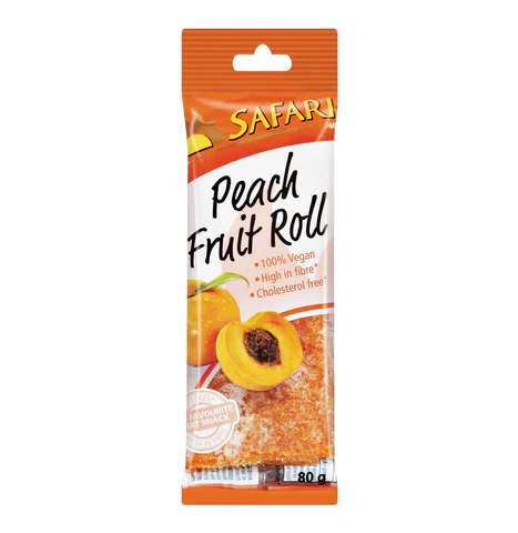 Safari Peach Fruit Rolls-80g Safari Peach Fruit Roll snack packaging with fresh peach image and vegan, high-fiber features.