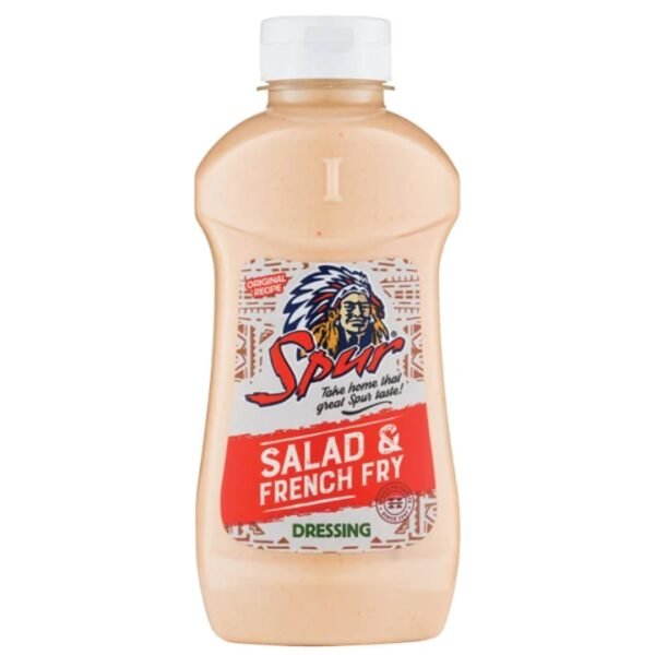 Spur Salad and French Fry Dressing bottle with creamy pink sauce and colorful logo.