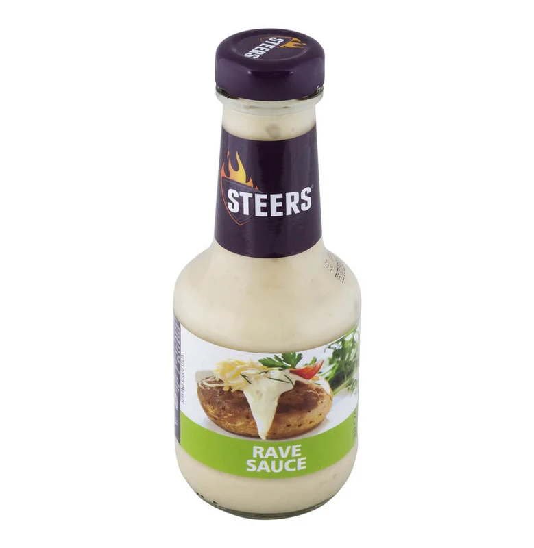 Steers Rave Sauce bottle with creamy condiment and bold branding on glass packaging.