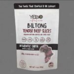 Yebo Traditional Biltong premium air-cured beef snack packaging with South African inspired design and protein details.