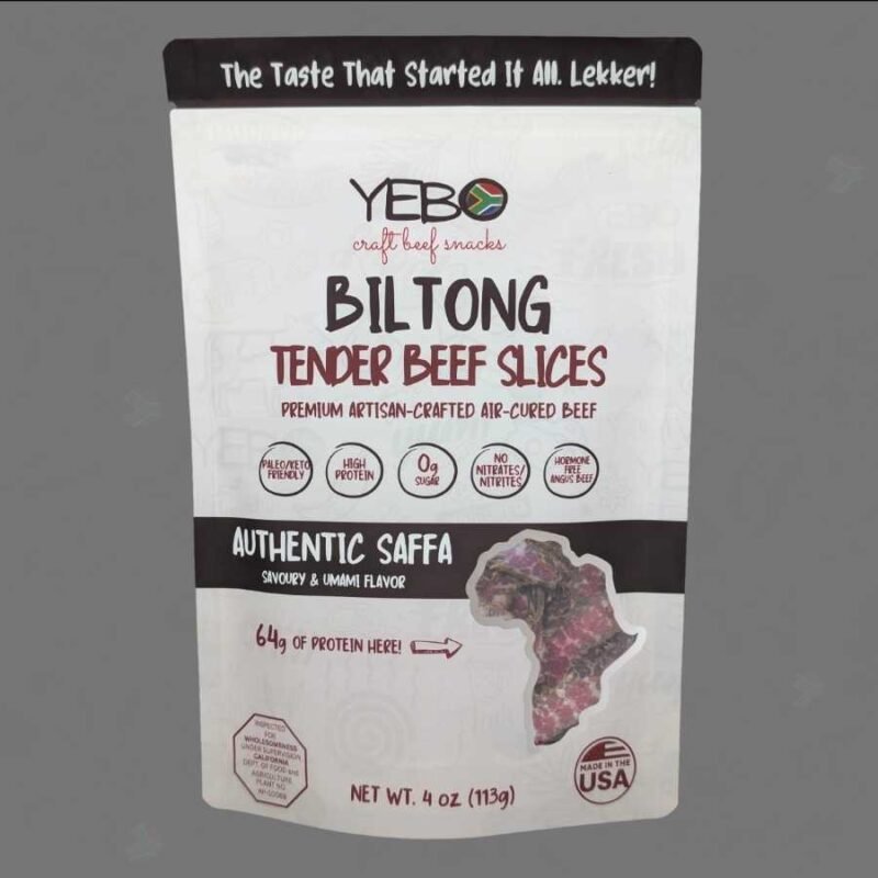 Yebo Traditional Biltong premium air-cured beef snack packaging with South African inspired design and protein details.